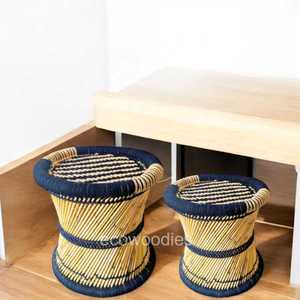 Stylish Multipurpose Boho Pouffe Ottoman Set Natural Wicker Patio Furniture Handwoven Bamboo <b>Stool</b> Bone Inlay Console for School - Product Image 2