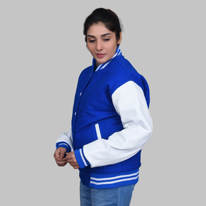 Chaqueta con letras azul y blanco Lana Cuero Varsity Custom Varsity Jackets - Product Image 2