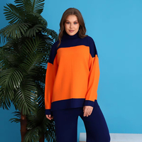 Conjunto de Dos Piezas de Punto con Cuello Alto y Bloques de Color para Mujer, Venta al por Mayor del Fabricante: Suéter de Manga Larga de Corte Holgado y Pantalones de Pierna Ancha