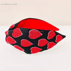 Beaded <b>Headbands</b> Pink & Black Heart Top Quality Wholesale Turban Style Fabric & Seed Glass Beads Handmade for Women - Product Image 2