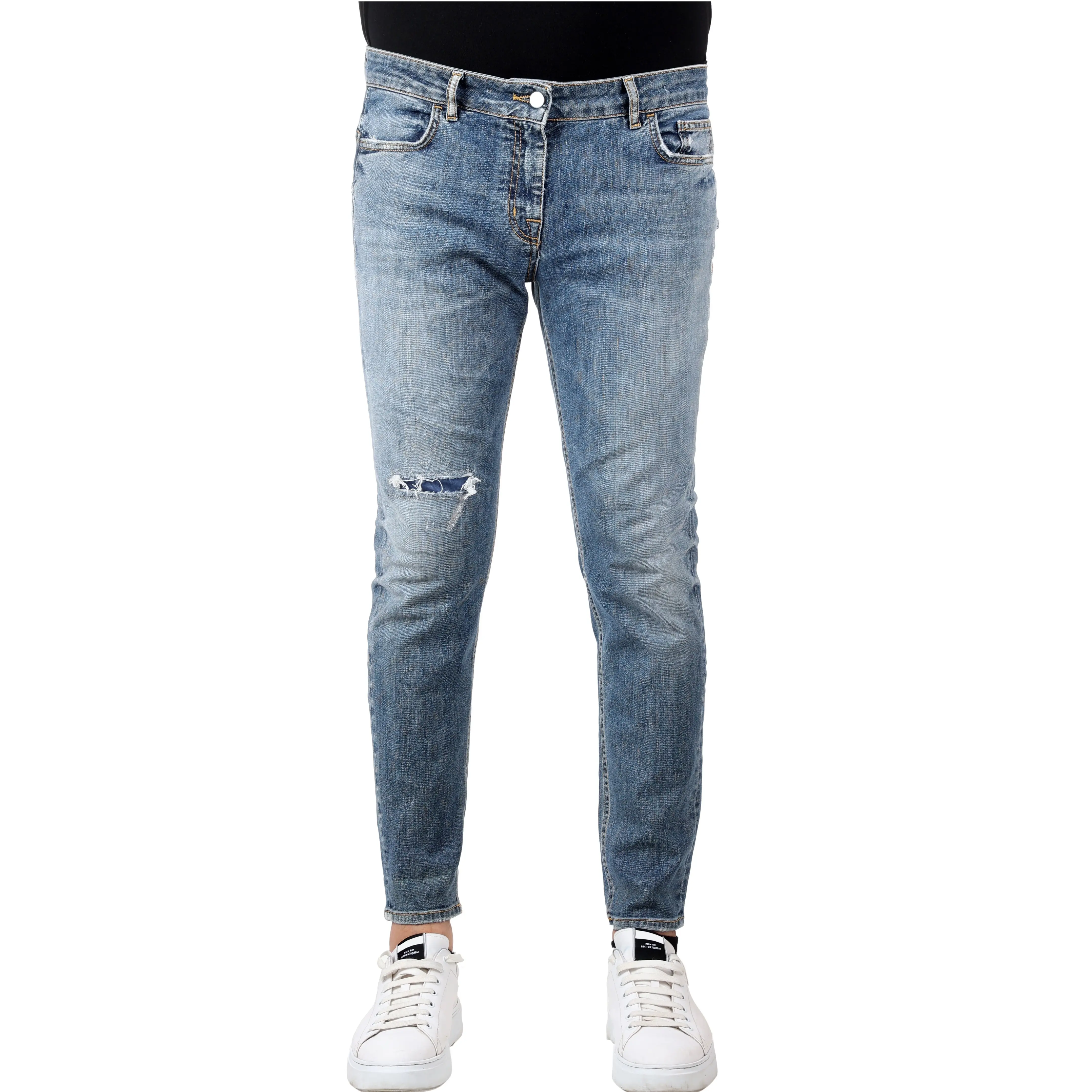 skinny fit italian style tear on the leg new collection blu jeans for wholesales