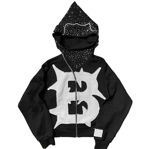 Custom Distressed Patch Embroidery Vintage Aged Applique Stitching 500gsm 100% Cotton Winter Men Hooded Rhinestone Hoodie - Product Image 1