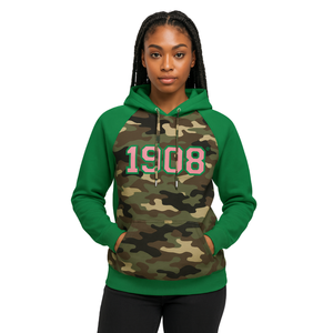 1908 Camo Body Green Raglan Sleeves Pullover Sudadera con capucha Mezcla de algodón Hermandad de mujeres griega Ropa personalizada Divine Nine HBCU Ropa griega - Product Image 1