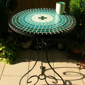 Mesa de Bistró Rectangular de Vidrio y Hierro con Mosaico Marroquí Hecho a Mano, Reutilizable y Ecológico de The Craft Exim TCE, para Interiores y Exteriores - Product Image 1