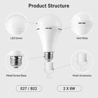 2 ampoules LED rechargeables d'urgence 8W E27/B22 AC 85-265V 2000mAh, autonomie de 2 heures