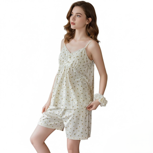 Conjunto de Pijama de Algodón Modal para Mujer con Logotipo Personalizado, Transpirable, con Estampado Floral, Ropa de Dormir Sexy con Camisola Acolchada para Verano - Product Image 1