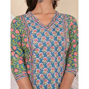 Robe longue décontractée pour femme en coton imprimé vert et bleu, style Kurti, respirante, taille XS, conçue sur mesure, pour club ou soirée. - Product Image 2