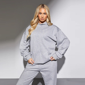 Sweat à capuche surdimensionné pour femme, gris clair chiné, 65% coton 35% polyester, avec poignets côtelés, respirant, fabrication OEM - Product Image 2