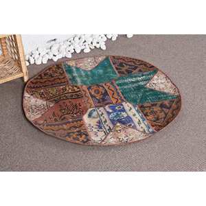 Alfombra turca vintage Bohemia verde marrón 3,2x3,2 pies Patchwork lana sala de estar alfombra con respaldo de látex - Product Image 2