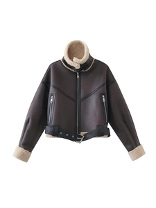 Chaqueta informal Vintage para mujer, prendas de vestir exteriores cortas de cuero PU y forro polar transpirable, chaquetas cálidas y elegantes a la moda para mujer - Product Image 4