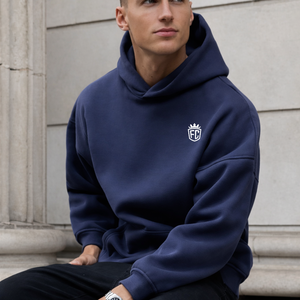 <b>Mens</b> Dark Blue Oversized <b>Hoodie</b> Pullover 50% Cotton 50% Polyester Drop Shoulder Streetwear Relaxed Fit Winter Plain Dyed - Product Image 5