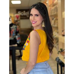 Blusa de algodón étnica mexicana con bordado floral, manga corta para mujer, informal, para verano, lavable, natural - Product Image 2