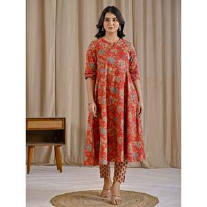 Red Jaal Printed Cotton Suit Set Heavy Indian Ethnic Wear Salwar Kameez with <b>Net</b> <b>Fabric</b> for Parties and Special Occasions - Product Image 4