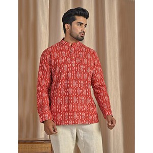 Kurta court en coton popeline rouge imprimé pour homme, chemise décontractée à manches longues, respirante et confortable - Product Image 4