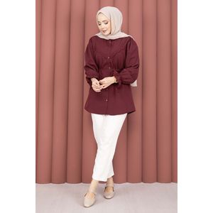 Blusa Casual de Popelina con Cordones para Mujer, con Detalle Vintage Fisto, Color Borgoña, Estilo Casual Diario, Corte Ajustado, Talla XL para Verano - Product Image 4