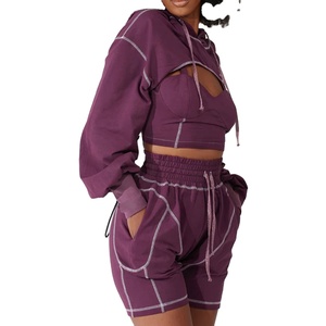 ชุดเซตกางเกงขาสั้นและเสื้อครอปแบบมีฮู้ดสำหรับผู้หญิงชุดวอร์มแบบเปิดเย็บเปิดสำหรับผู้หญิง2026 - Product Image 2