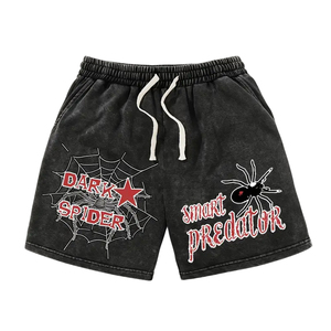 Men Streetwear Distressed Good Selling Make Your Own Highest Quality Make Your Own Black Color Spider Design Acid Wash Shorts - Product Image 1
