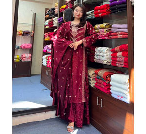 Robe de fête musulmane 2 pièces brodée pour femme, style Kurta Palazzo, pour l'Aïd, l'été, Diwali, mariage, grande taille, entièrement cousue, collection 2025 - Product Image 1