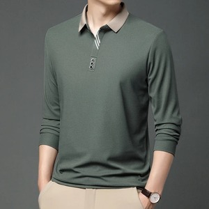 Polo de manga larga informal de negocios de algodón 100% para hombre, camiseta versátil cómoda transpirable de moda de Color sólido - Product Image 3