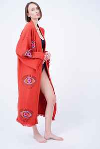 ชุดคลุมอาบน้ำผ้าฝ้ายตุรกีสำหรับฤดูร้อน เป็นมิตรกับสิ่งแวดล้อม ระบายอากาศได้ดี ยาวคลุมเท้า ลายตาปีศาจ ชุดคลุมชายหาดแบบยาวสำหรับผู้หญิง - Product Image 4