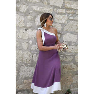 Vestido de un solo hombro para mujer con detalle de lazo, vestido de crepé importado bicolor, 34441 - Morado - Product Image 2