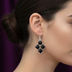 925 Sterling Silver <b>Gold</b> Plated Geometric Drop <b>Earrings</b> <b>Black</b> Onyx | Handmade Dangle <b>Earrings</b> Women | Trendy Wholesale Jewelry - Product Image 4