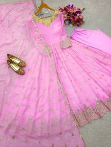 Vestido tradicional de color rosa claro estilo Bollywood con Dupatta en trabajo bordado en tela de microalgodón para ropa de mujer india - Product Image 4