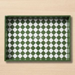 Plateau de service décoratif floral, motif à carreaux vert, peint à la main, plateau en laque Viettimecraft - Product Image 3