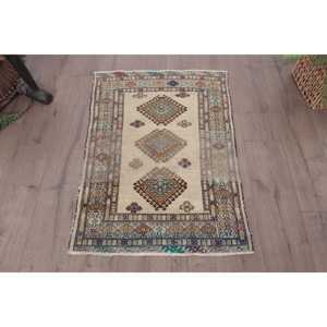 Vintage Small Turkish Rug 2.4x3.3 ft <b>Brown</b> Moroccan <b>Wool</b> Eco Friendly Patchwork Design with Latex Backing - Product Image 1