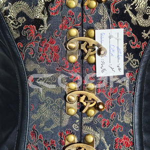 Red Dragon Brocade Overbust Waist Slimming Bustier <b>Corset</b> With leather Panels & Front Antique Clasp Closure - Product Image 6
