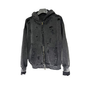 Sudaderas con capucha para hombre Sudadera con cremallera personalizada Blanqueamiento Lavado Hip Hop Streetwear Sudadera con capucha desgastada de gran tamaño Bordado CustomHoodies Hombres - Product Image 3