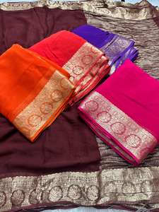 Sari de Georgette de Viscosa Pura para Mujer con Pallu y Blusa de Jacquard Ruso de Viscosa del Mismo Tono, Hecho en India - Product Image 3