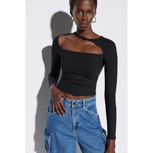 Haut court à manches longues avec bordure à volants pour femmes, logo floral brodé, taille XL, en soie et mousseline de soie, tricoté, décontracté, coréen, uni, teint - Product Image 2