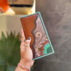 Cartera larga de cuero de estilo occidental turquesa con estilo para hombre RFID tallado a mano soporte para efectivo gran oferta regalo de moda para él - Product Image 1