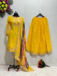 Nouveau Designer Heavy Faux Georgette Sharara Suit Set Avec Haut Brodé et Dupatta pour les Occasions de Mariage Ethnique Festif - Product Image 2