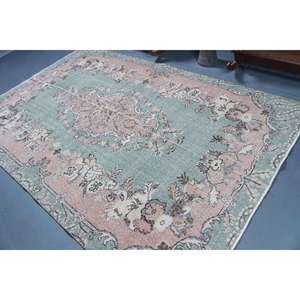 Tapis vintage 5,6 x 8,6 pieds, grand tapis turc, tapis en laine vert à motifs floraux - Product Image 4