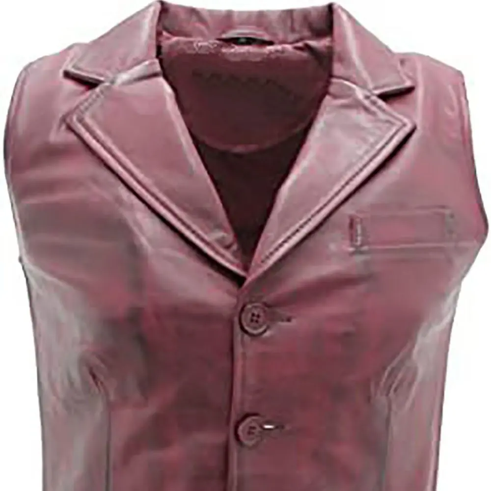 Wholesale 100%leather Men's Burgundy Collared Button-up Leather Waistcoat Leather Vest For Men's Sws-MBJ-002