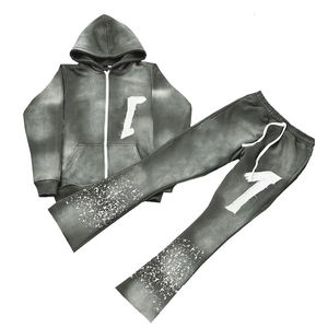 Ensemble de survêtement deux pièces pour homme, broderie effet vieilli, hiver, uni, 300 GSM, fermeture éclair, décontracté, tendance, délavage acide - Product Image 6