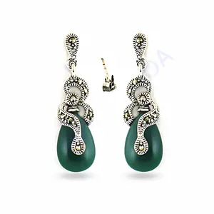 "925 <b>Silver</b> Green Stone Dangle Earrings for Women-Trendy <b>Wedding</b>/Party/Gift" - Product Image 2