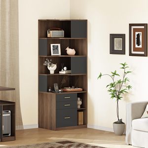 Libreria Angolare a L in Legno di Noce, Scaffale Geometrico Asimmetrico Alto con 3 Cassetti, Vetrina per Ufficio e Casa - Product Image 3