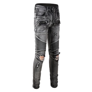 2025 Custom Wholesale Black <b>Biker</b> Ripped Pants Distressed Slim Fit Motorcycle Designer Fashion Damaged Stacked Denim <b>Men's</b> <b>Jeans</b> - Product Image 1