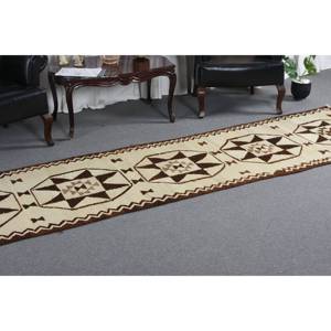Tradicional Beige Marrón 2,9x11,5 pies Alfombra turca hecha a mano Diseño de retazos Alfombra de noche Lana de látex Viscosa Rectángulo Pasillo - Product Image 5