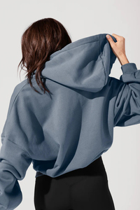 Sweat à capuche zippé surdimensionné personnalisé pour femme, en toile épaisse bleu foncé, avec logo, idéal pour le sport d'hiver, grande taille, effet tie-dye personnalisé - Product Image 6