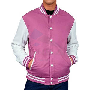 Veste universitaire pour homme personnalisable de qualité supérieure, manches en cuir, corps en laine, doublure légère et chaude, ajustement réglable, rose - Product Image 2
