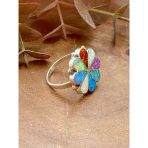 Anillo de Sello Zuni Hecho a Mano con Incrustaciones de Piedras Múltiples y Plata de Ley Invisible, Bañado en Rodio, Estilo Moderno, Talla 7.5, Regalo - Product Image 3
