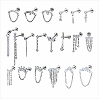 Perhiasan Tindik Bibir, Helix, Conch, dan Cartilage Model Rantai ASTM F136 Titanium Lapis Emas 16G dengan Batu CZ Flat Back yang Trendi