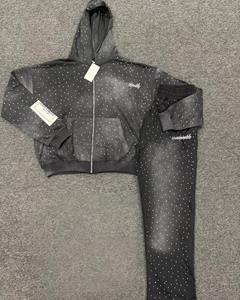 Sudadera con capucha recortada y pantalones de chándal acampanados con estampado personalizado Sun Faded Distress Acid Wash All Over Print, chándal con diamantes de imitación, chándal 2025 - Product Image 2