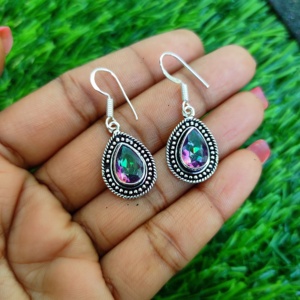 Handmade Designer Women's Sterling Silver Dangle <b>Earrings</b> <b>Cute</b> Mystic Topaz Quartz Gemstone Pearl for Anniversary Wedding Gifts - Product Image 2