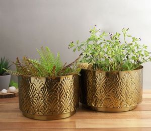 Maceta decorativa hecha a mano de Metal dorado en relieve para boda, restaurante, hogar, jardín, decoración de la India - Product Image 6