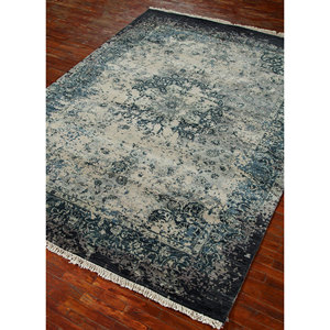 Alfombras de Lana y Seda Azules Hechas a Mano del Lejano Oriente, Modelo Skrt-814, Rectangulares, con Medallones y Patrones Abstractos para el Hogar y la Sala de Estar - Product Image 2